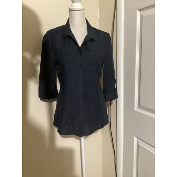 Elie Tahari Tops - Elie Tahari Navy Blue Silk Cotton Blend 3/4 Sleeve Button Up Blouse XS